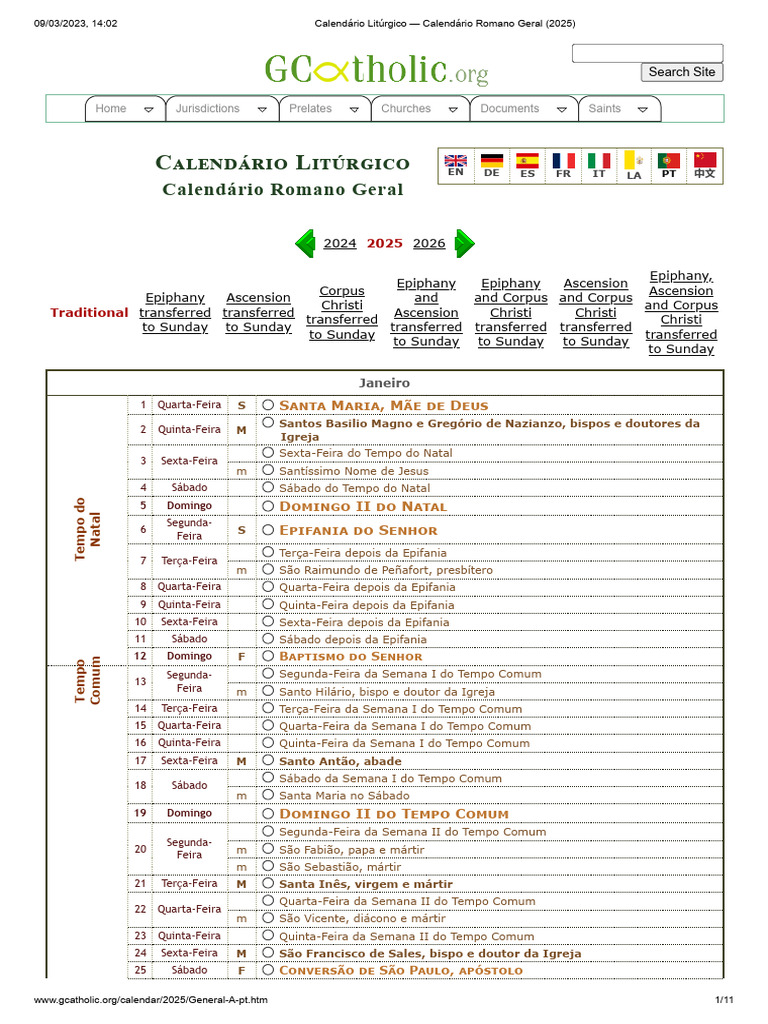 Calendário Litúrgico Calendário Romano Geral (2025) PDF Quaresma Páscoa