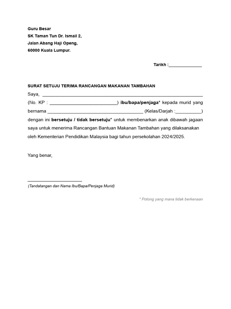 Surat Setuju Terima RMT 2024 | PDF
