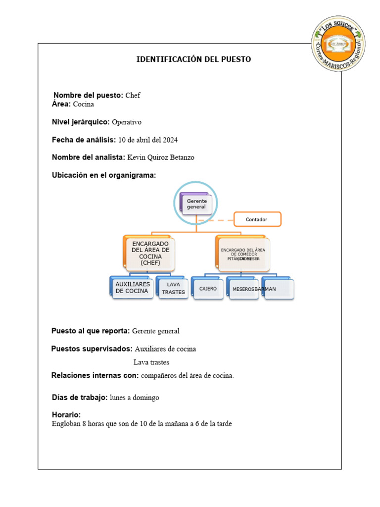Descripción del Puesto de Chef | PDF | Cocina