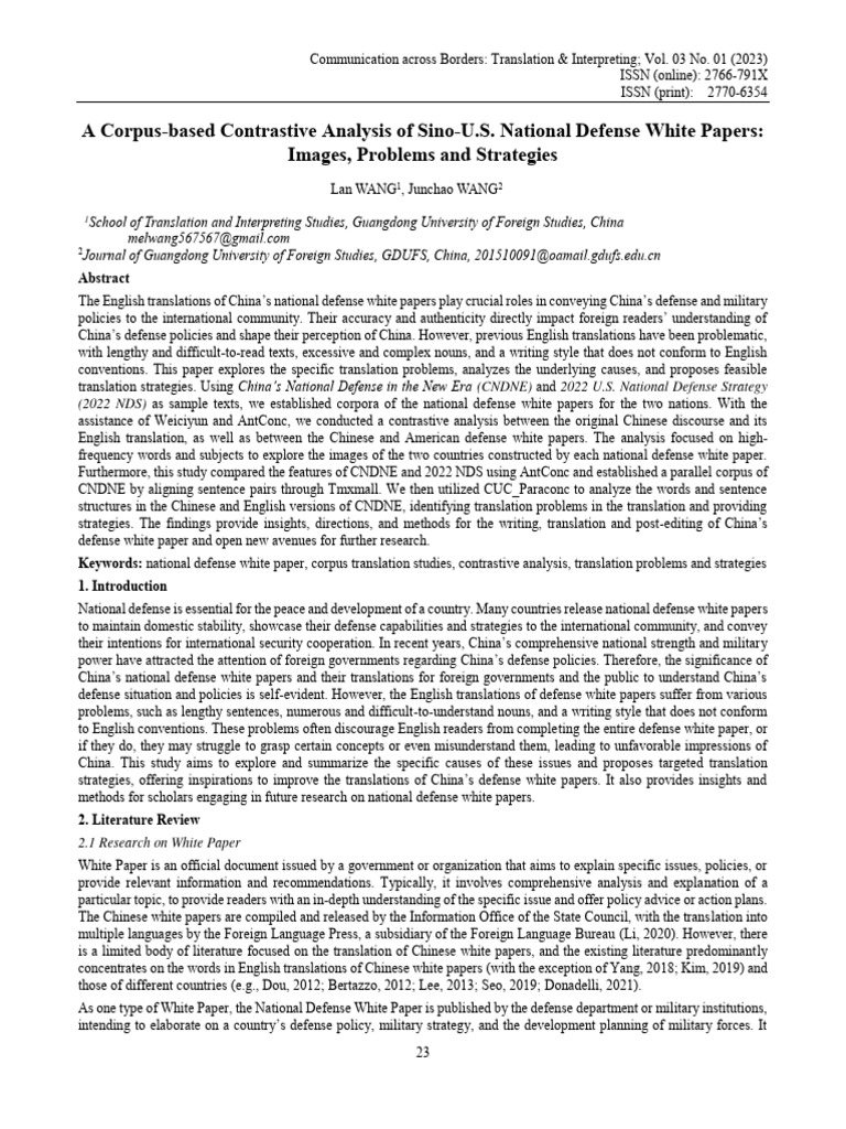 A Corpus-Based Contrastive Analysis of Sino-U.S. National Defense White ...
