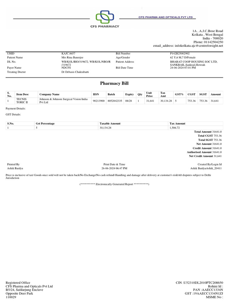Pharmacy Bill for Mrs. Rina Banerjee | PDF | Taxes | Payments