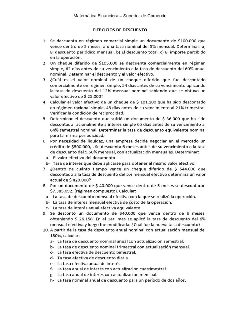 Ejercicios de Descuento y Refinanciación Financiera | PDF | Tasas de ...