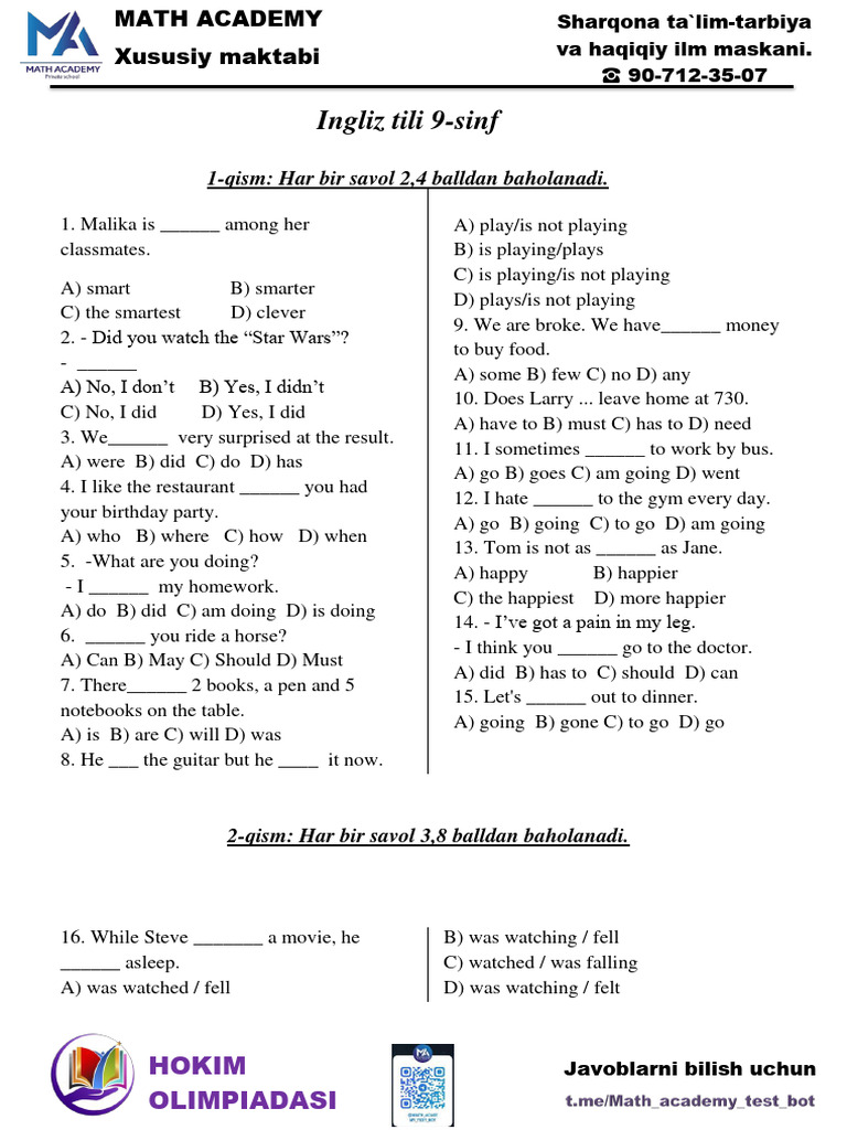 prepare workbook 9 sinf javoblari