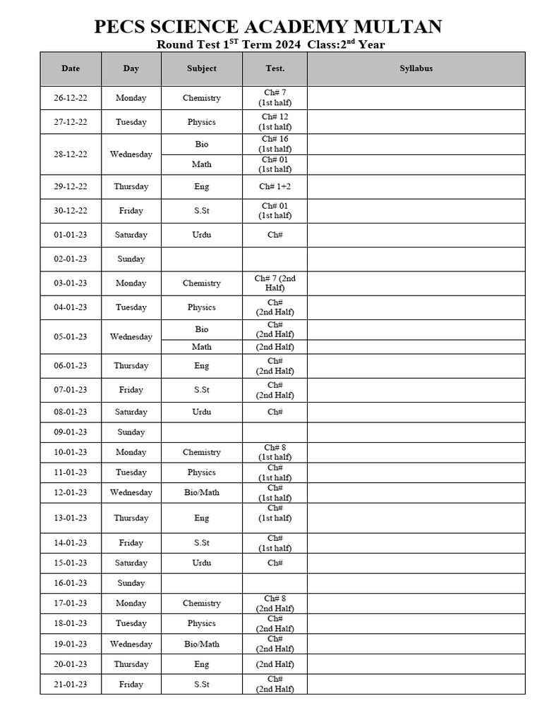 Test schedule 2nd year 1 pdf