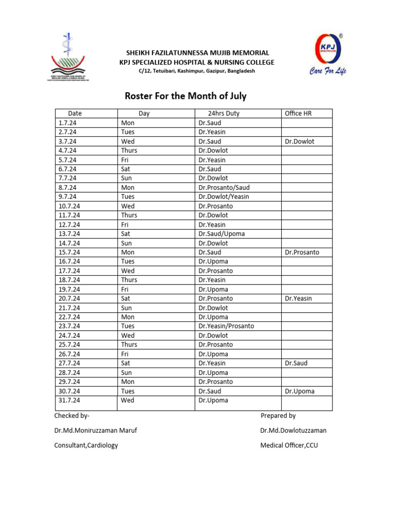July Duty Roster for Sheikh Fazilatunnessa Mujib Hospital | PDF | Wellness