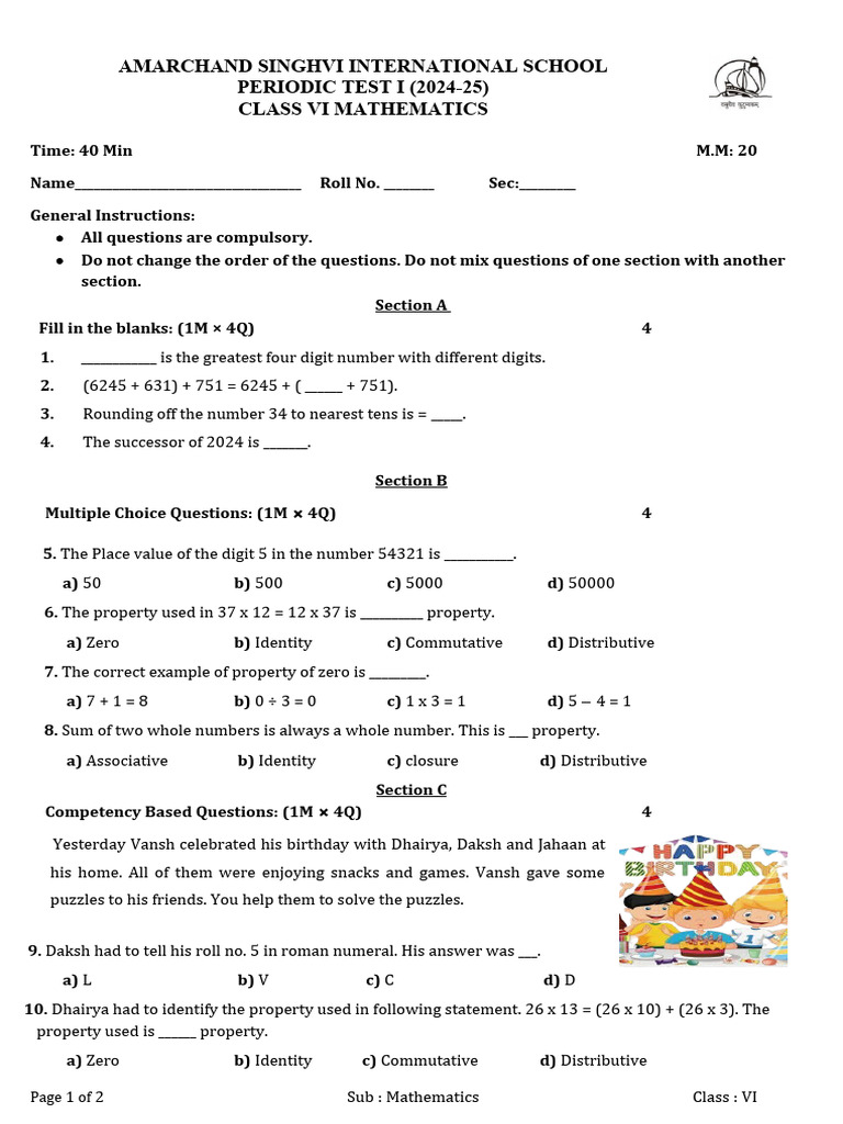 Class VI Maths Periodic Test I (July 2024, PB) | PDF | Numbers | Integer