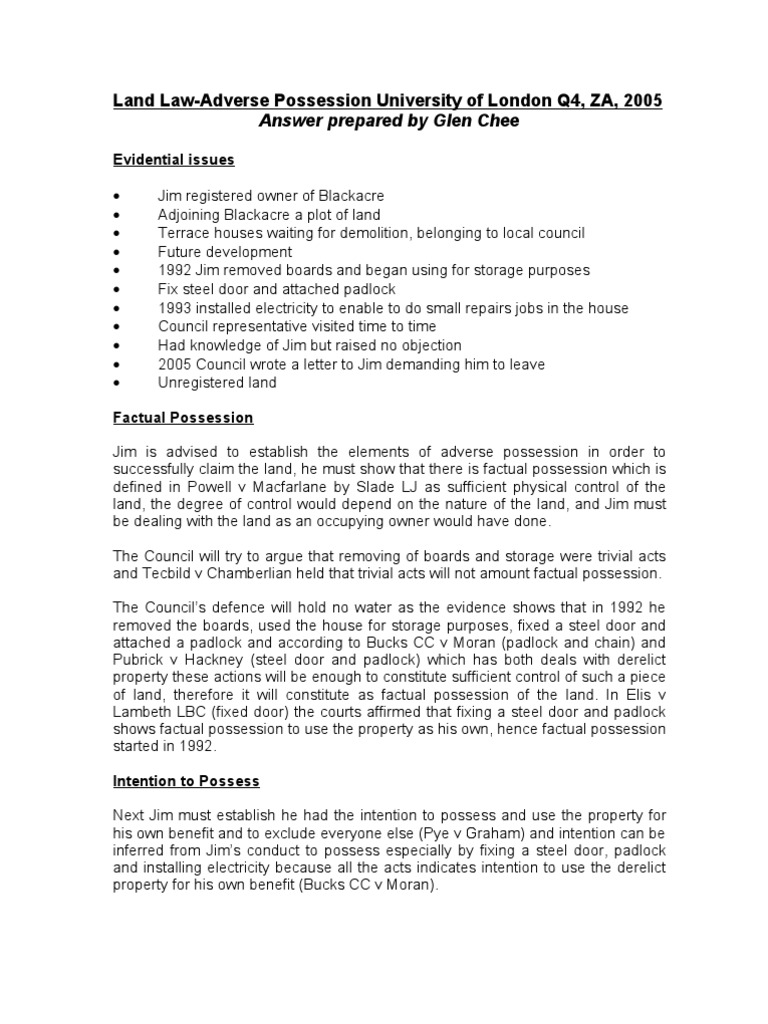 Land Law-Adverse Possession Q4, ZA, 2005 | PDF | Adverse Possession ...