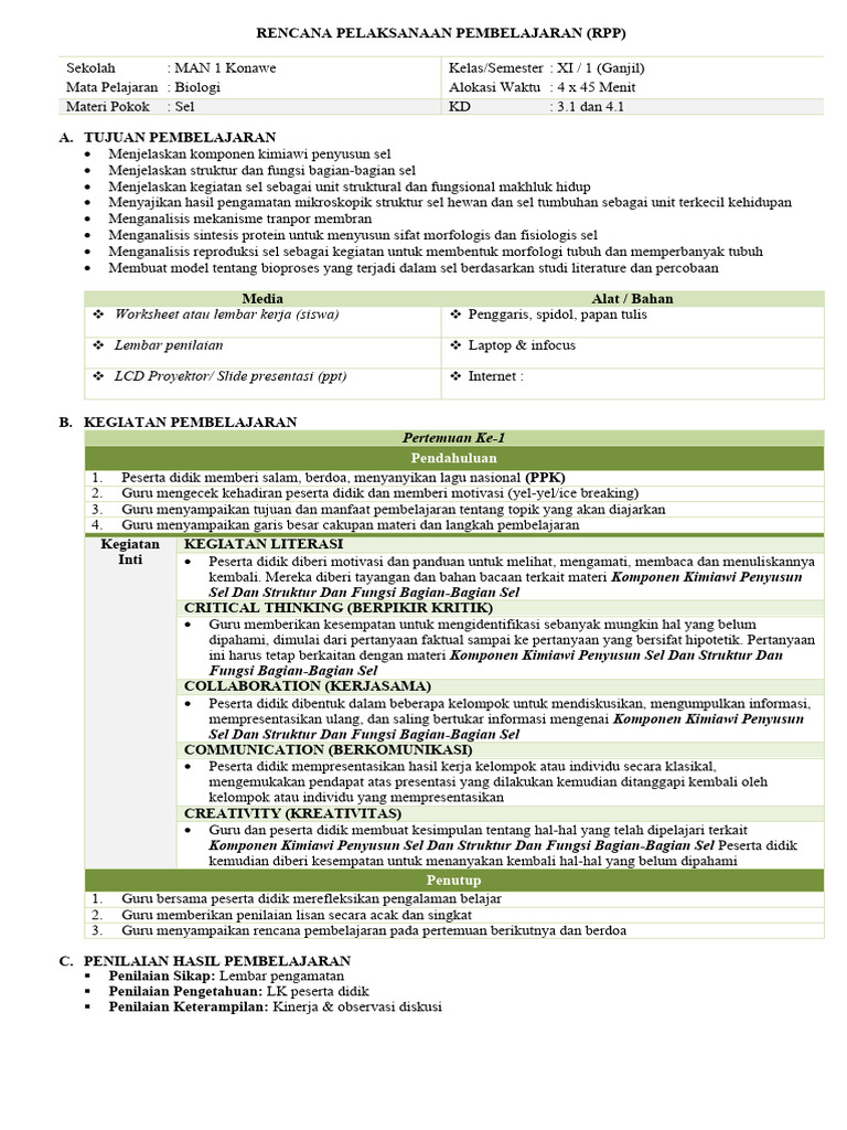 RPP I Biologi Kelas 11 SEM 1 | PDF