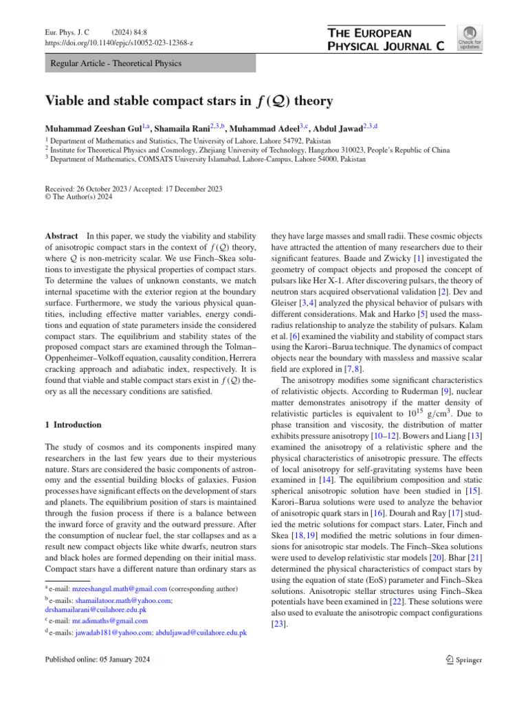 Viable and Stable Compact Stars in F (Q) Theory | PDF | Stars | General ...