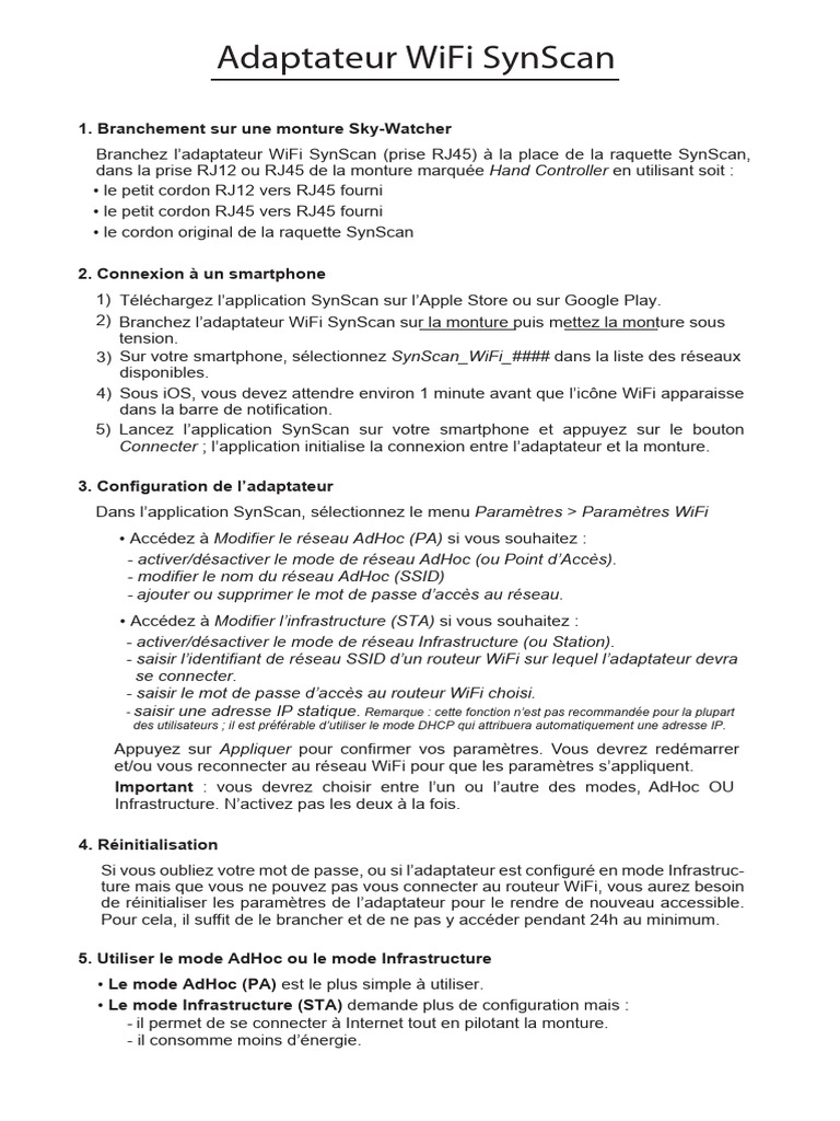Guide d'utilisation de l'adaptateur WiFi SynScan | PDF | Wi-Fi ...