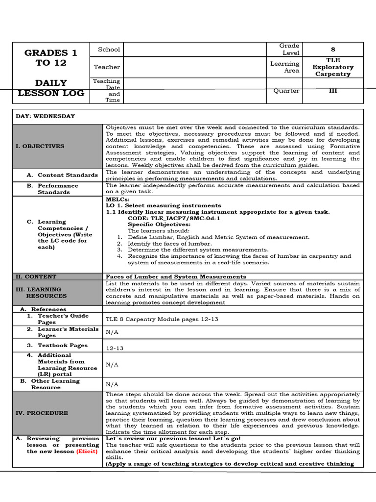 Lesson Log G8 TLE - Week 3 Lumbar and System of Measurement | PDF ...