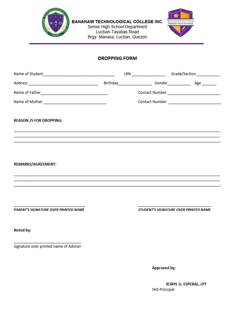 Dropping form pdf