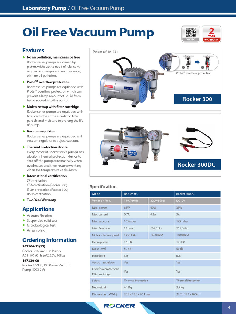 Rocker 300 Oil-Free Vacuum Pump Specs | PDF | Pump | Filtration