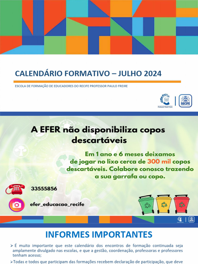 Calendário de Formações Julho 2024 EFER | PDF | Escolas