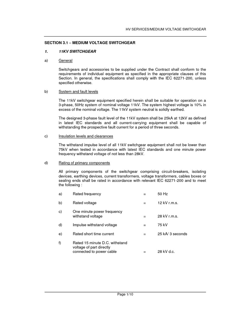 Medium Voltage Switchgear Specifications | PDF | Electrical Wiring | Switch
