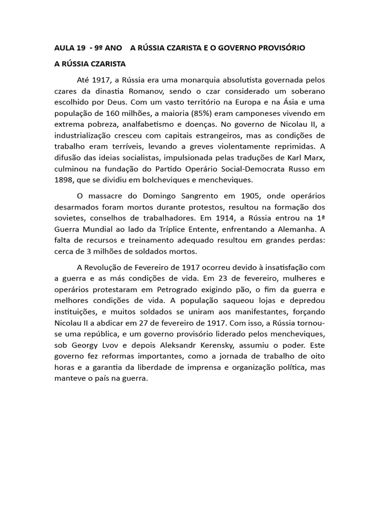 A Rússia Czarista e o Governo Provisório | PDF | Império Russo | Rússia