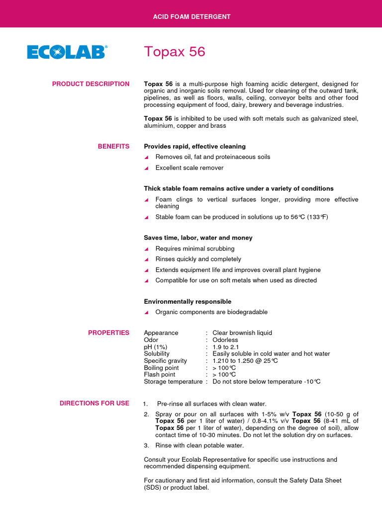 Topax 56 Acid Foam Detergent Overview | PDF | Water | Soil