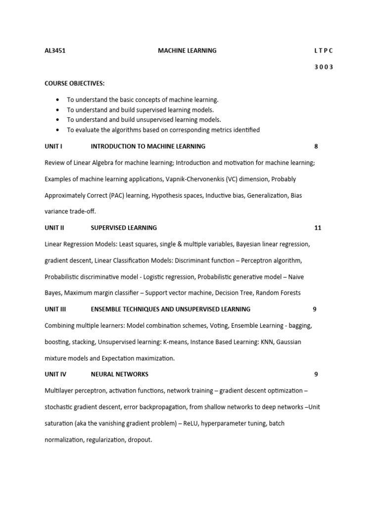AL3451 Machine Learning Syllabus | PDF | Machine Learning | Statistical ...