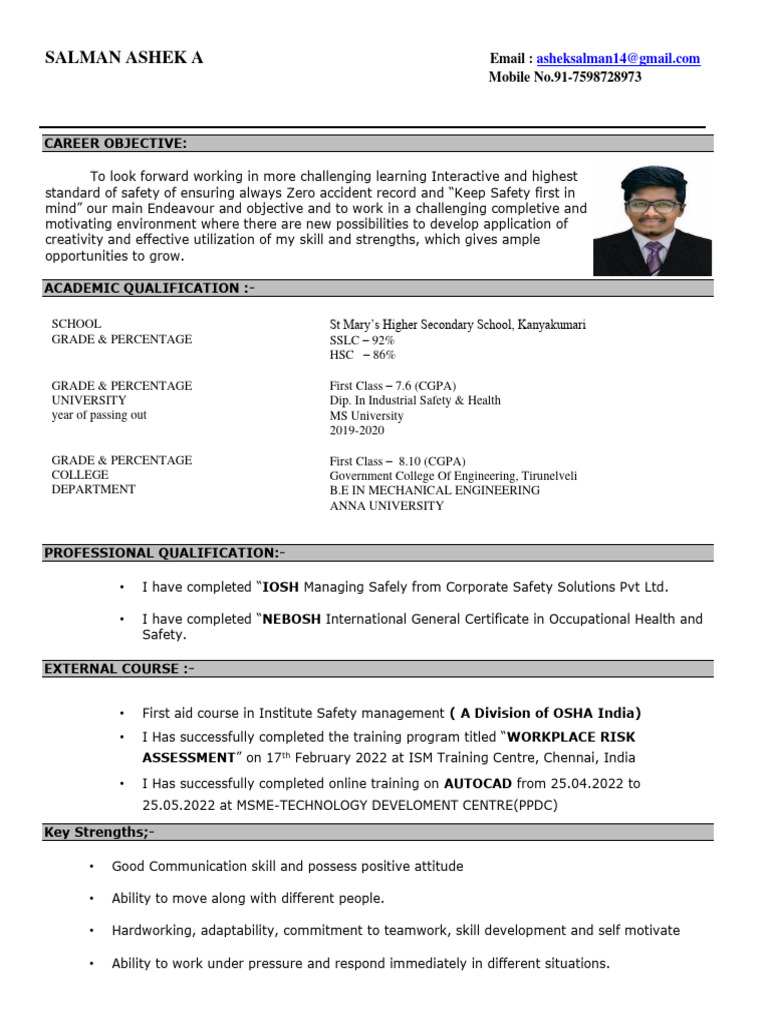 Safety Officer - CV | PDF | Occupational Safety And Health | Safety