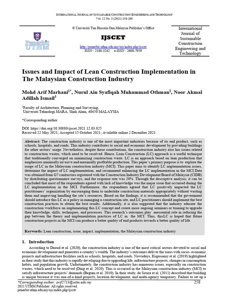Lean Construction in Malaysian Industry | PDF | Survey Methodology ...
