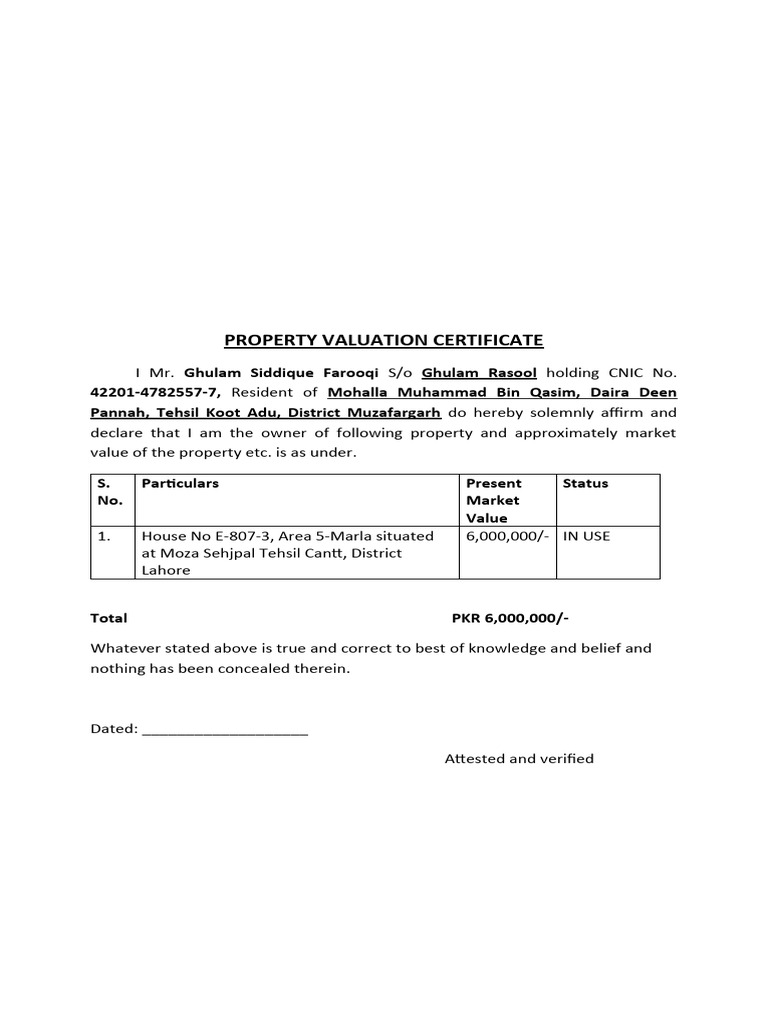 Property Valuation Certificate Details | PDF