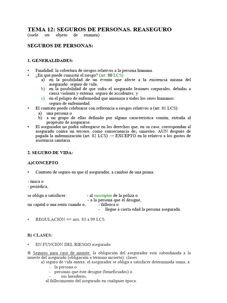 Seguros de Personas: Vida y Riesgos | PDF | Póliza de seguros | Reaseguro