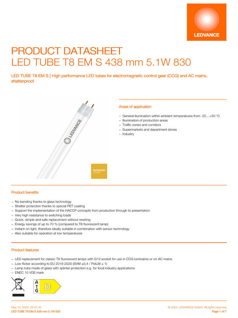 LED TUBE T8 EM S 438 MM 5.1W 830 en | PDF | Mains Electricity ...