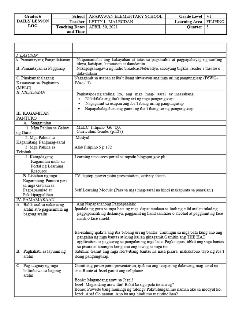 COT 1 Grade 6 Filipino | PDF