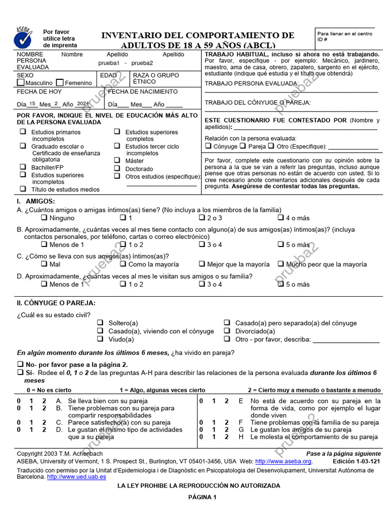 Adult Behaviour Checklist (ABCL) | PDF