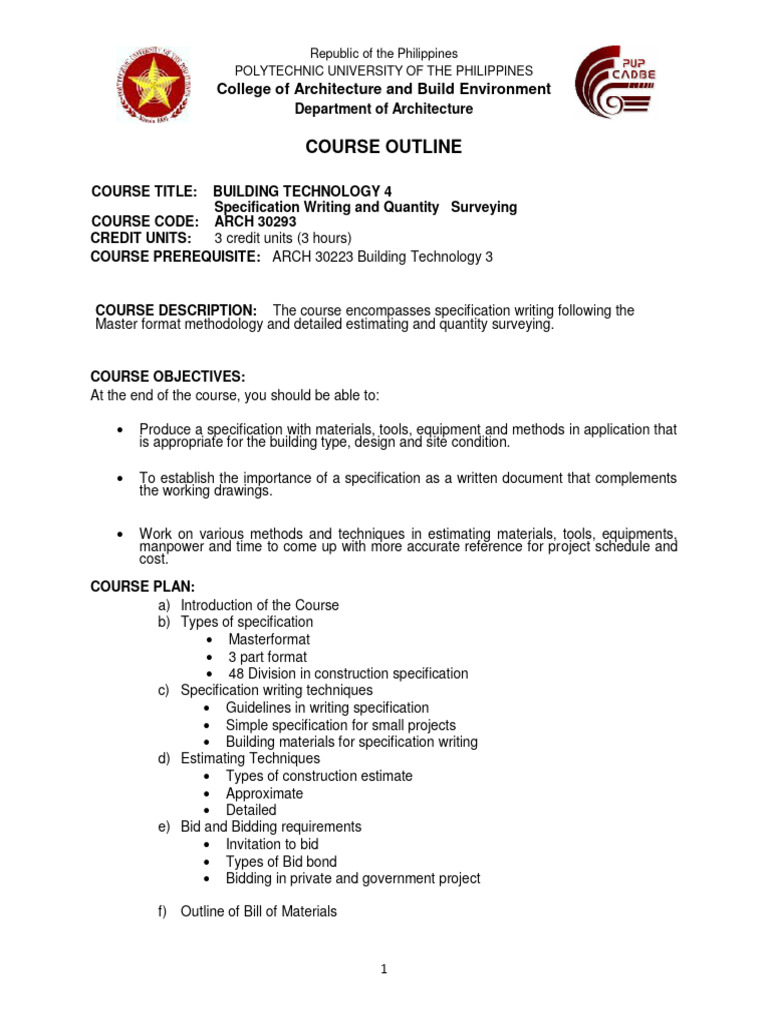 Building Technology 4 Course Outline | PDF | Specification (Technical ...