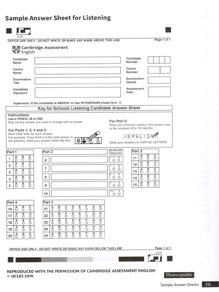 Listening Section Answer Sheet | PDF
