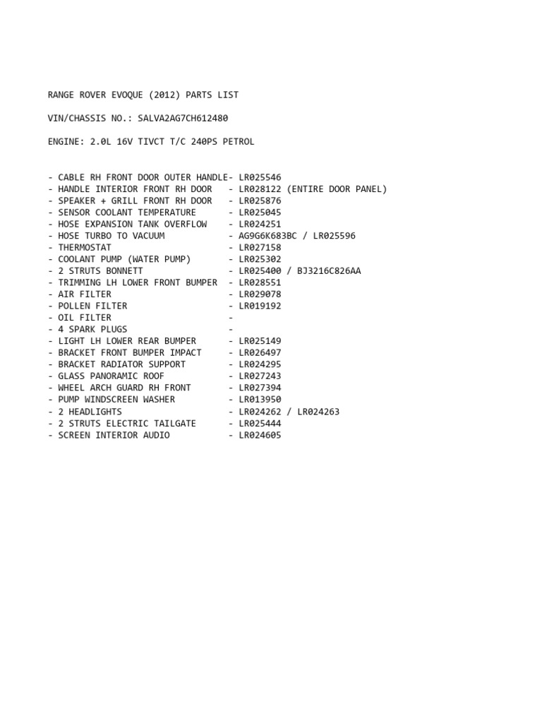 Range Rover Evoque 2012 Parts List | PDF