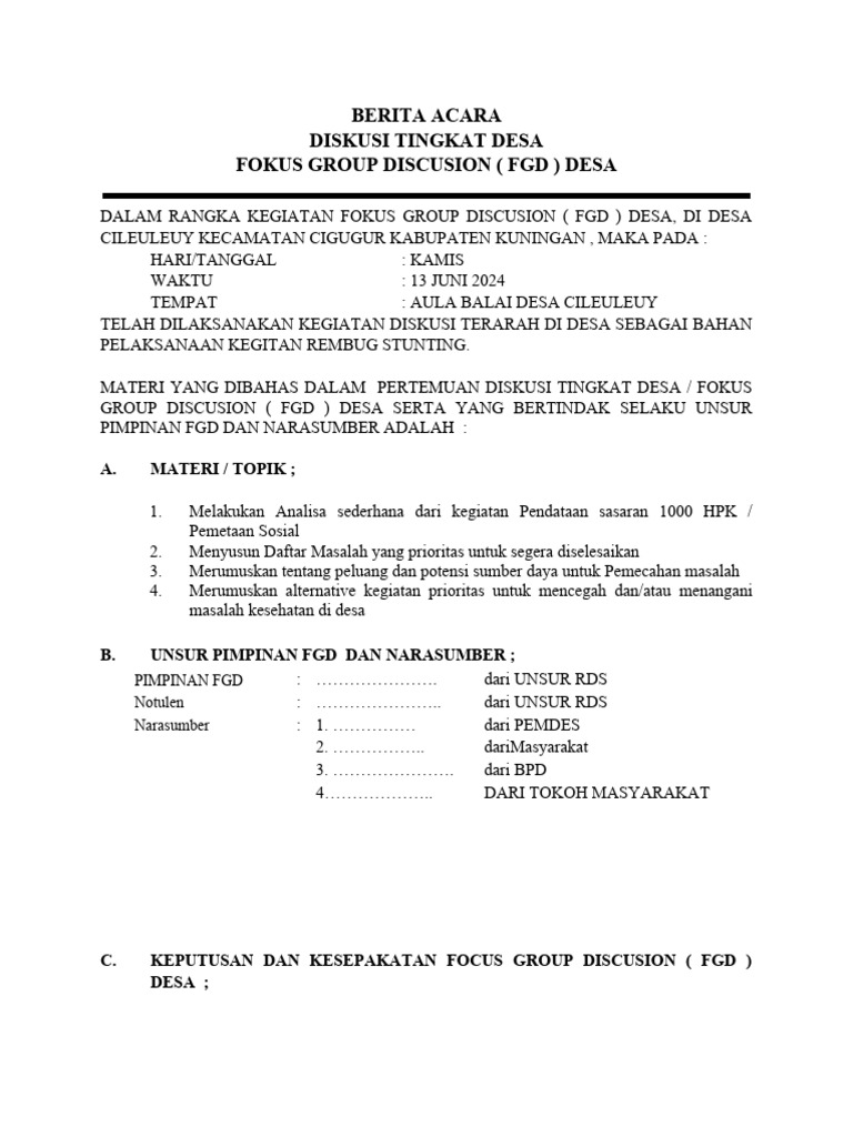 Berita Acara FGD Desa Cileuleuy | PDF | Kesehatan Holistik