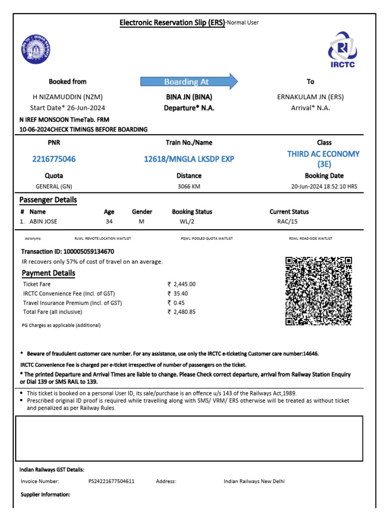 12618/mngla LKSDP Exp Third Ac Economy (3E) | PDF | Identity Document