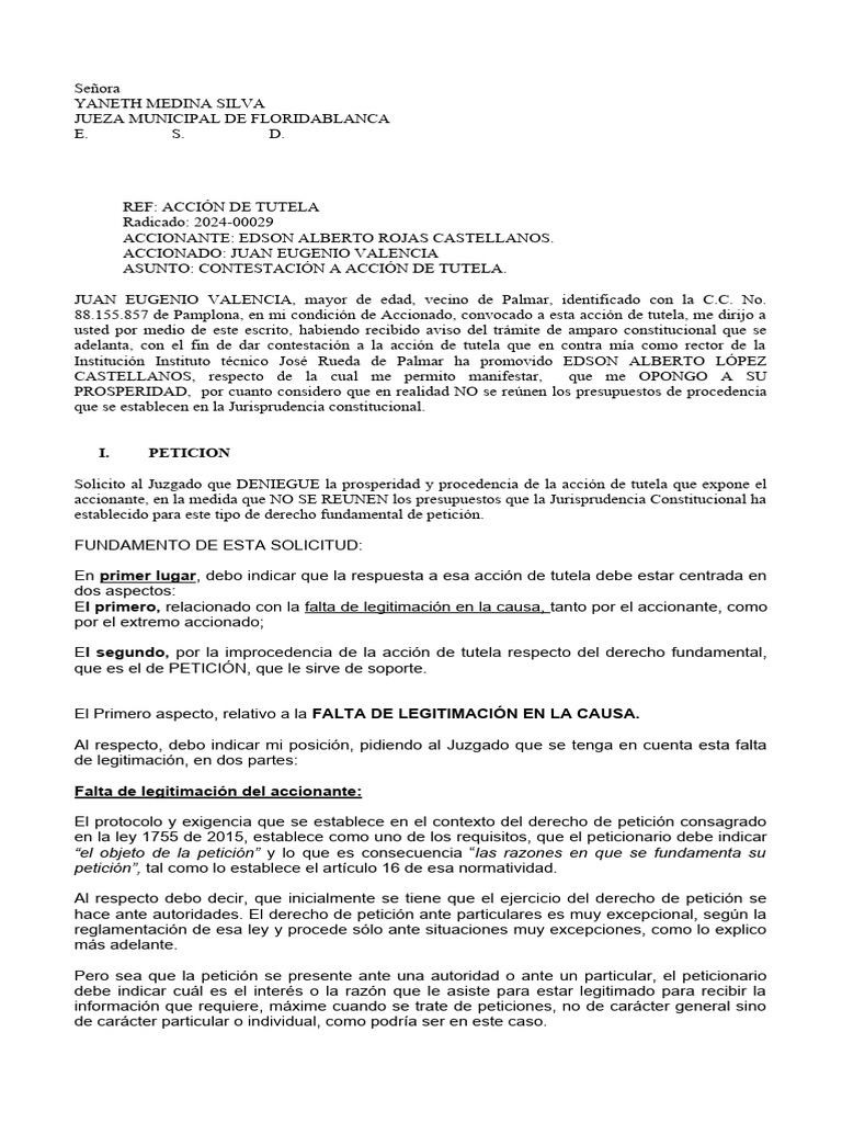 Contestación a Acción de Tutela 2024-00029 | PDF | Petición | Razón