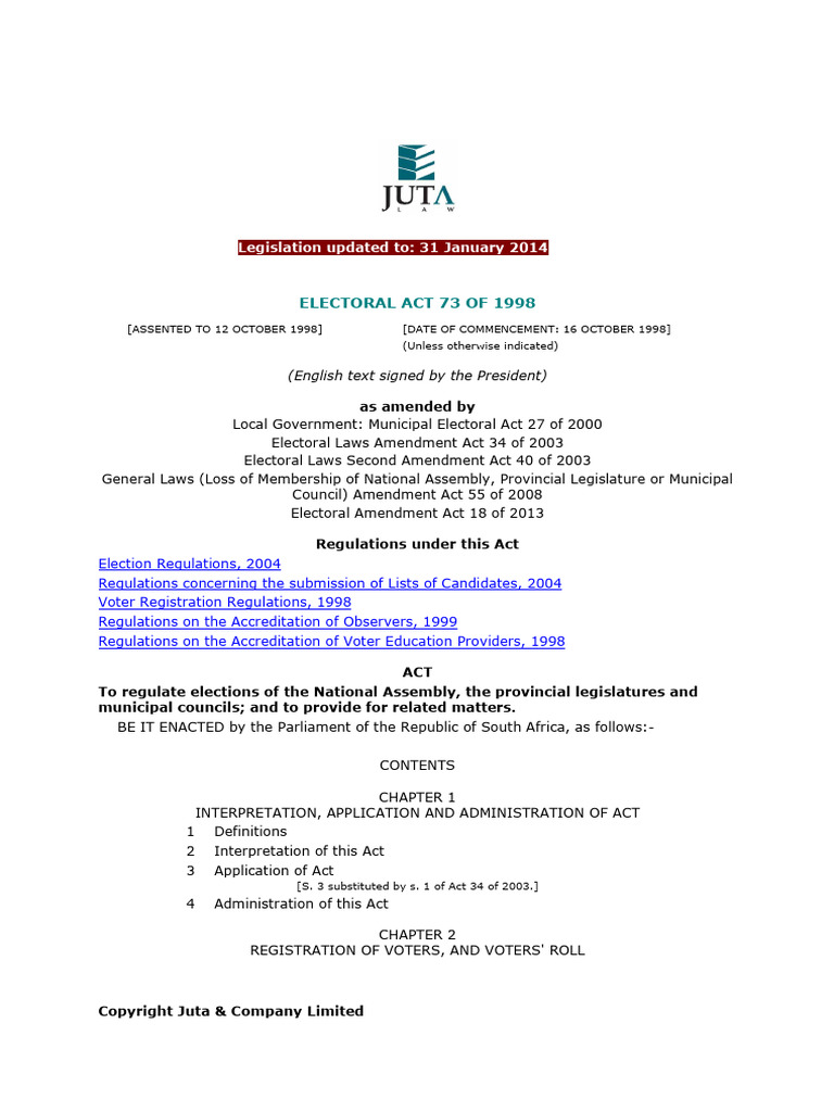Electoral act 73 of 1998 pdf elections government