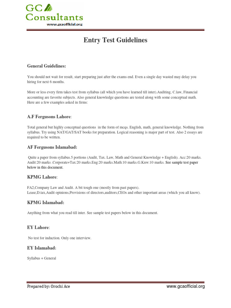 Entry Test Preparation Guidelines | PDF | Audit | Risk