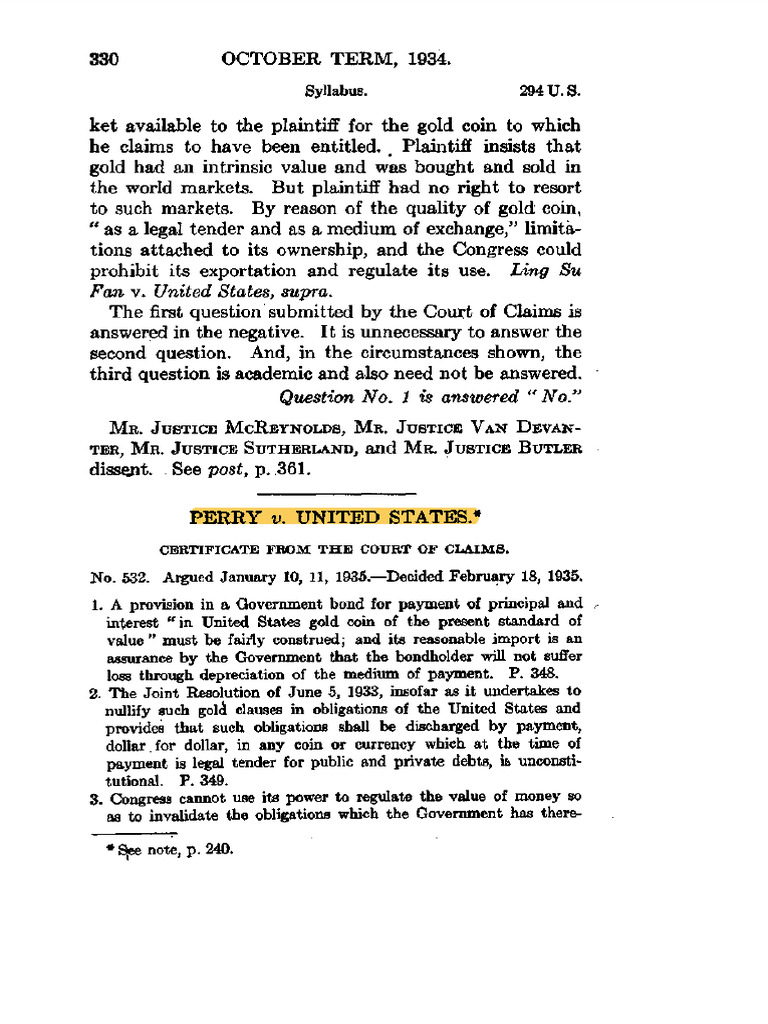 Perry v. United States: Gold Clause Ruling | PDF | United States Dollar ...