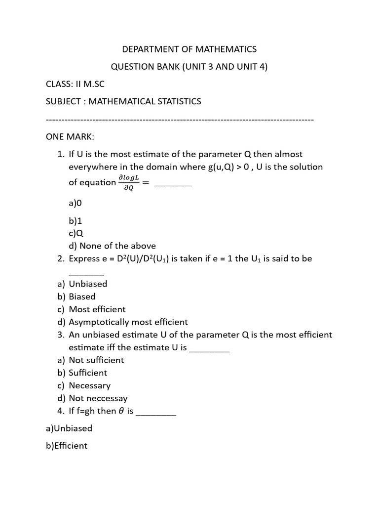 Mathematical Statistics Question Bank | PDF | Estimator | Statistics