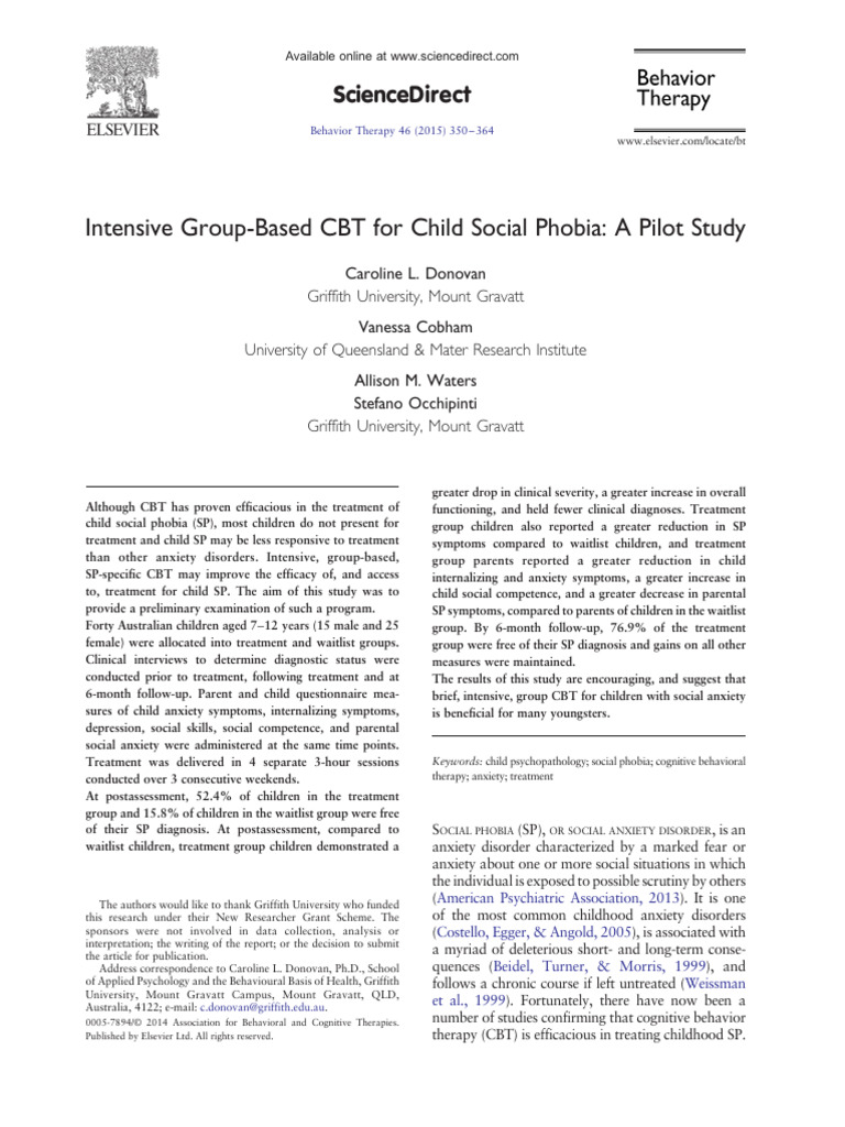 Intensive CBT for Child Social Phobia | PDF | Cognitive Behavioral ...