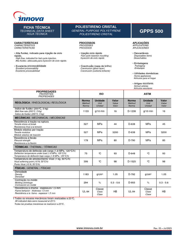 Ficha Técnica do Poliestireno Cristal GPPS 500 | PDF | Materiais