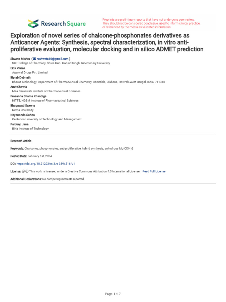 Chalcone-Phosphonates as Anticancer Agents | PDF | Chemical Reactions ...