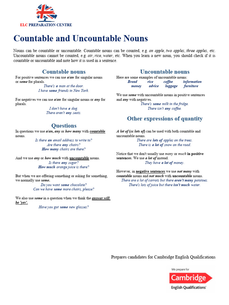 Countable vs Uncountable Nouns Guide | PDF | Noun | Plural