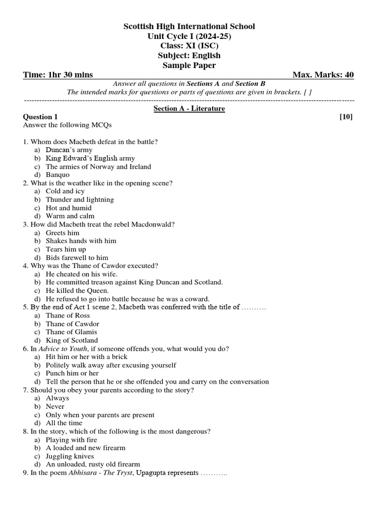 ISC Class 11 Advice to Youth Guide | PDF | Macbeth