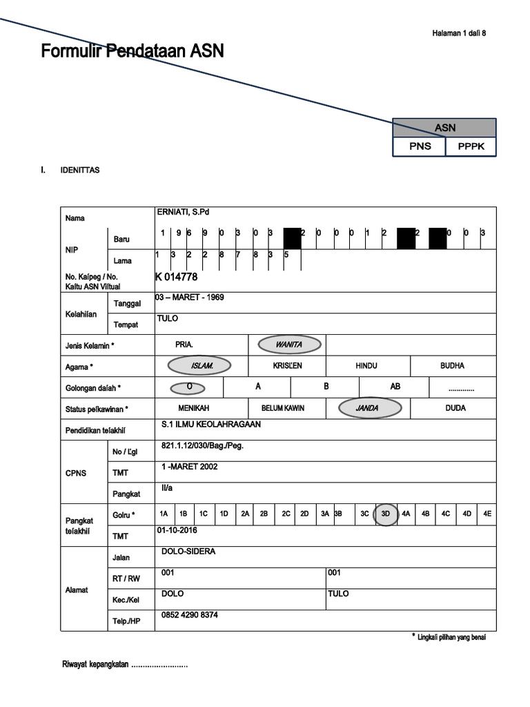 Formulir Data ASN Erniati S.Pd | PDF