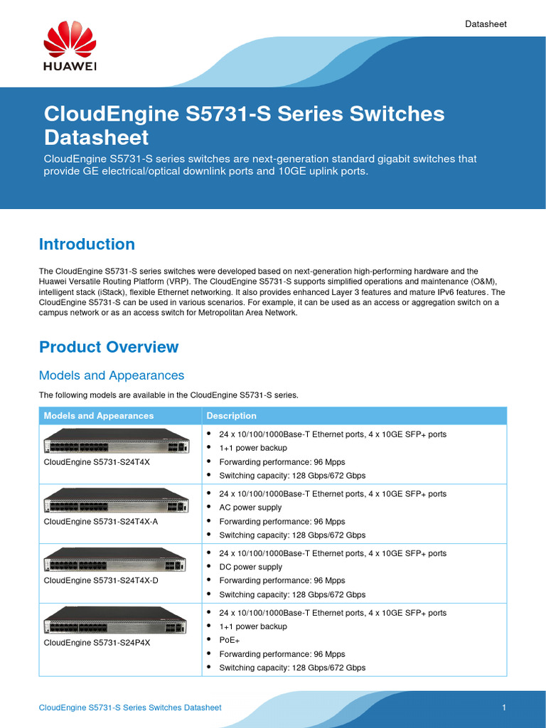 Huawei CloudEngine S5731-S Series Switches Datasheet | PDF | Network ...