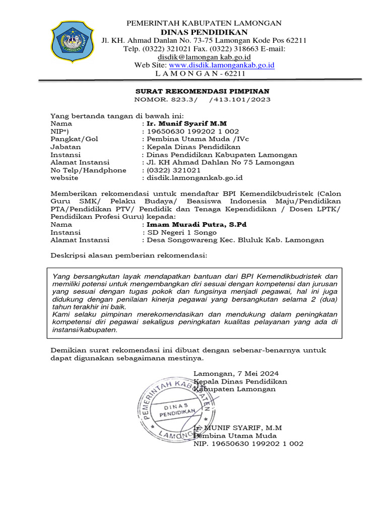 Contoh Surat Rekomendasi Pimpinan Perihal Pendaftaran Beasiswa Bpi | PDF