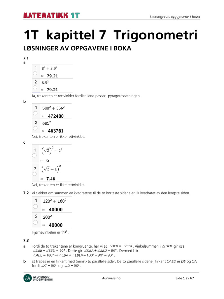 Fullstendig Løsning 1T Kap. 7 | PDF