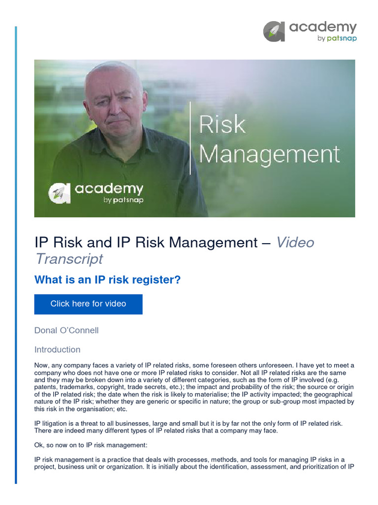 IP Risk Management Risk Register | PDF | Risk | Intellectual Property