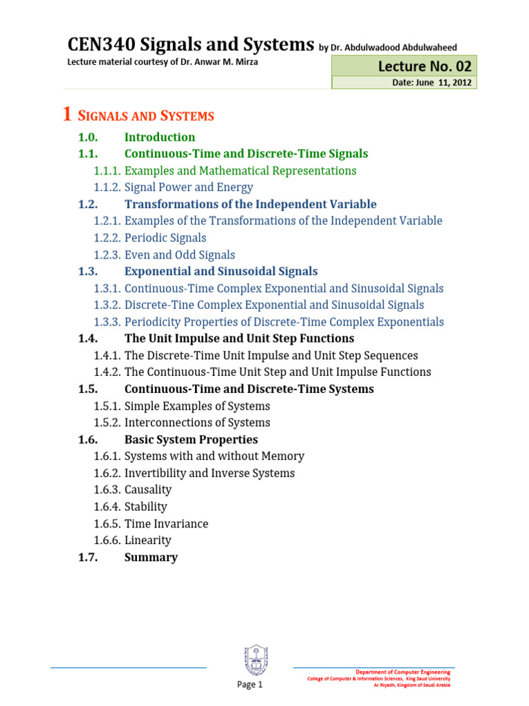 Signals and Systems Lecture 02 Overview | PDF | Mathematical Analysis ...
